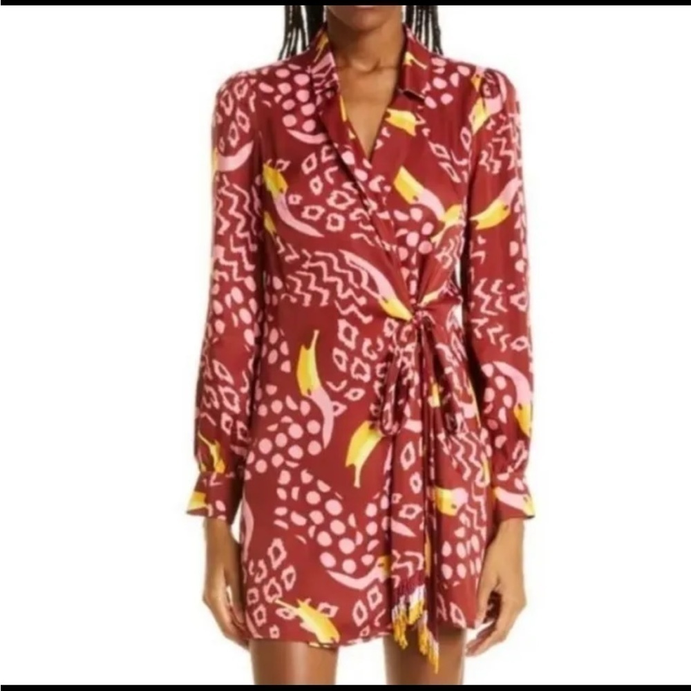 Farm Rio Toucanissimo Long Sleeve Print Beaded Tie Wrap Dress‎ SMALL